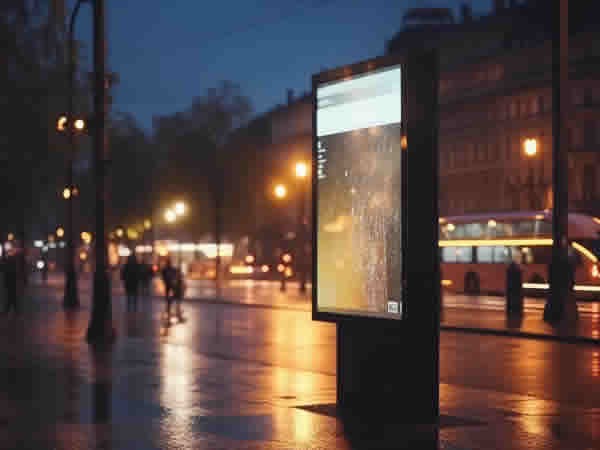 public information board with blurred vehicles lights in city