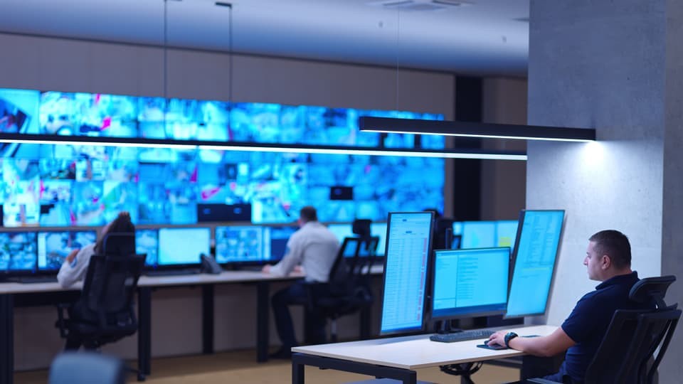 security operator working in a data system control room
